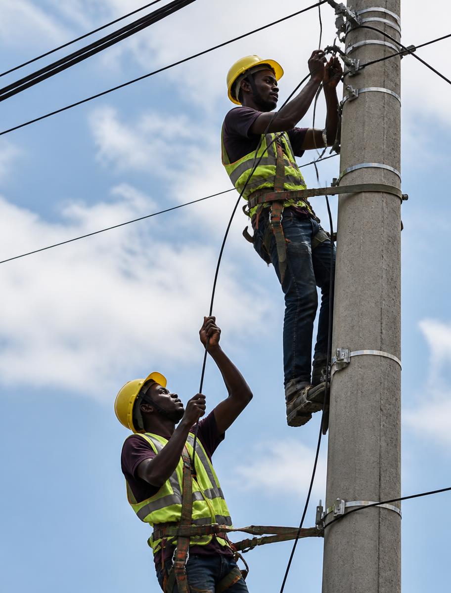 Technicians installing an aerial fibre route