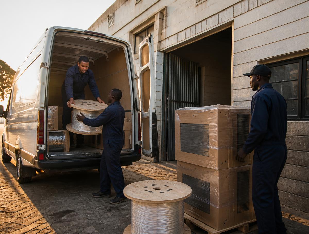 ECA Networks staff loading fibre cable drums for dispatch